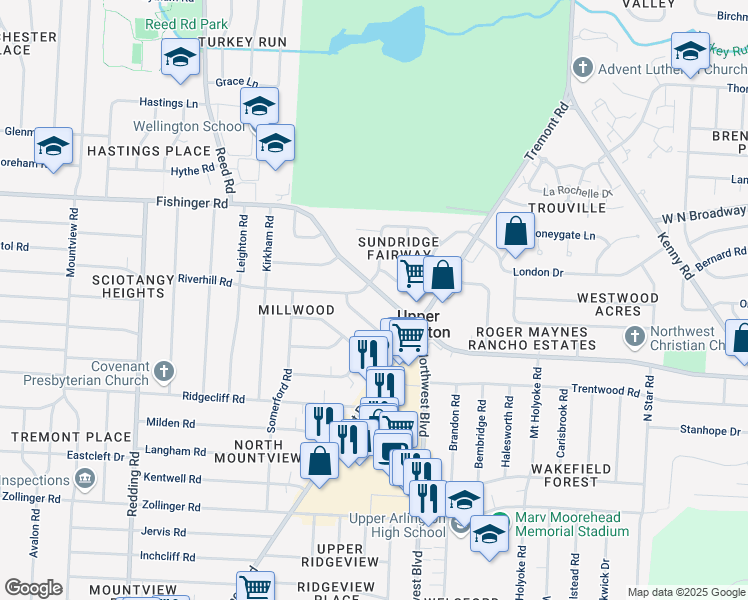 map of restaurants, bars, coffee shops, grocery stores, and more near 1703 Fishinger Road in Columbus