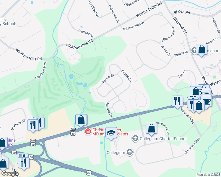map of restaurants, bars, coffee shops, grocery stores, and more near 555 West Saxony Drive in Exton