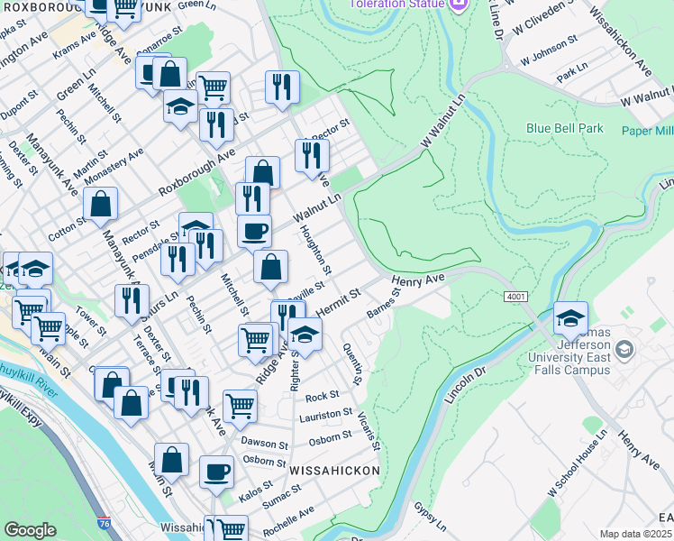 map of restaurants, bars, coffee shops, grocery stores, and more near 602 Seville Street in Philadelphia