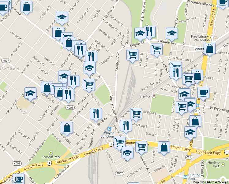 map of restaurants, bars, coffee shops, grocery stores, and more near 4658 Stenton Avenue in Philadelphia