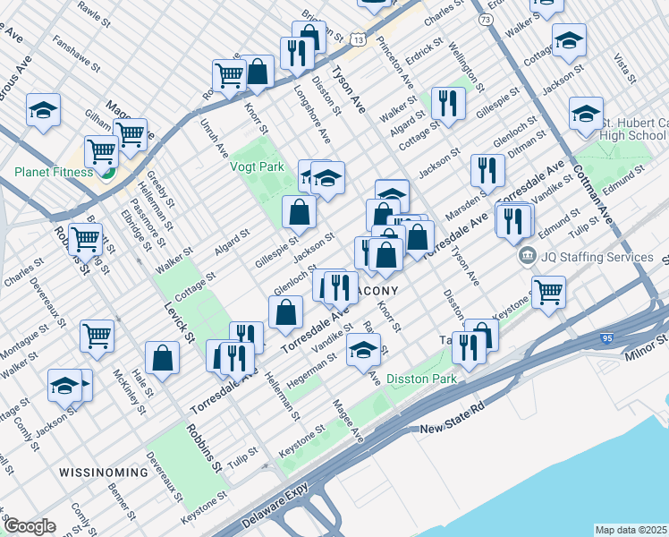 map of restaurants, bars, coffee shops, grocery stores, and more near 6728 Ditman St in Philadelphia