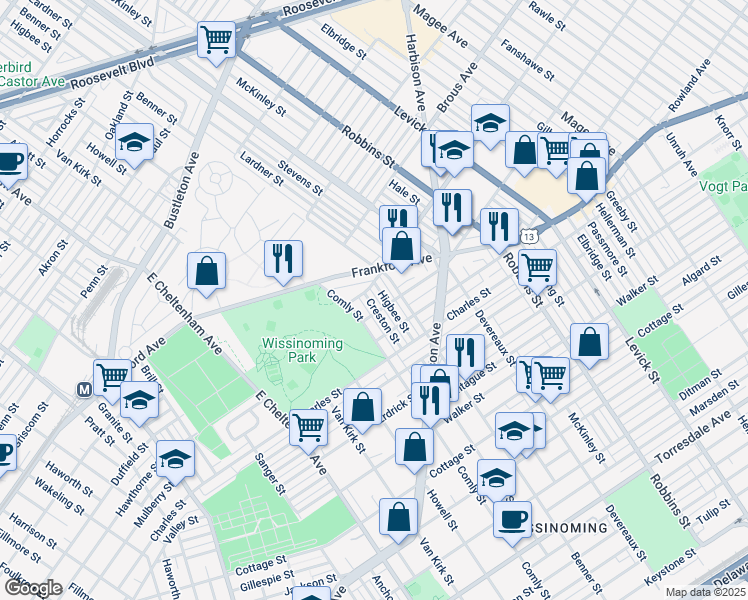 map of restaurants, bars, coffee shops, grocery stores, and more near 4013 Creston Street in Philadelphia