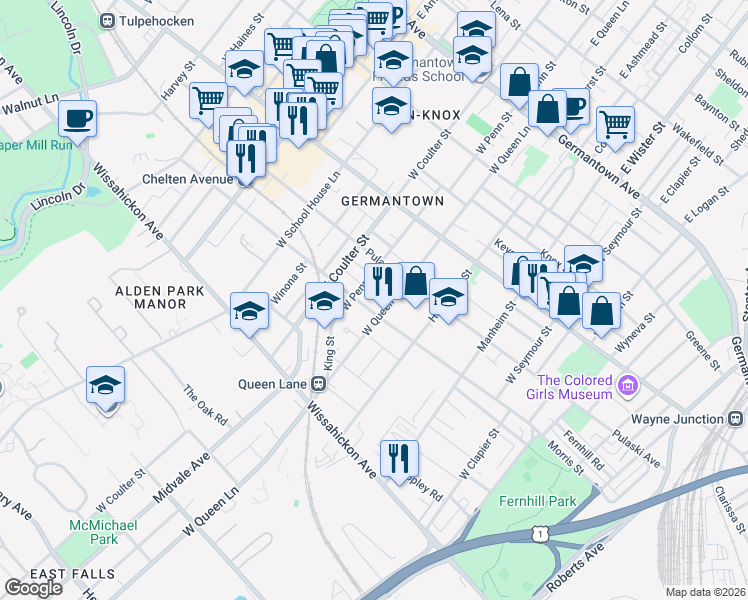 map of restaurants, bars, coffee shops, grocery stores, and more near 5320 Priscilla Street in Philadelphia