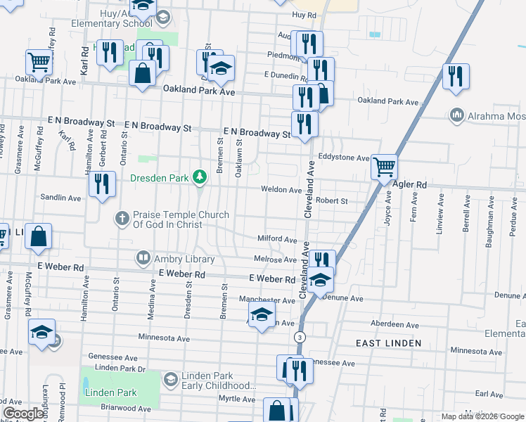 map of restaurants, bars, coffee shops, grocery stores, and more near 1700 East Lakeview Avenue in Columbus