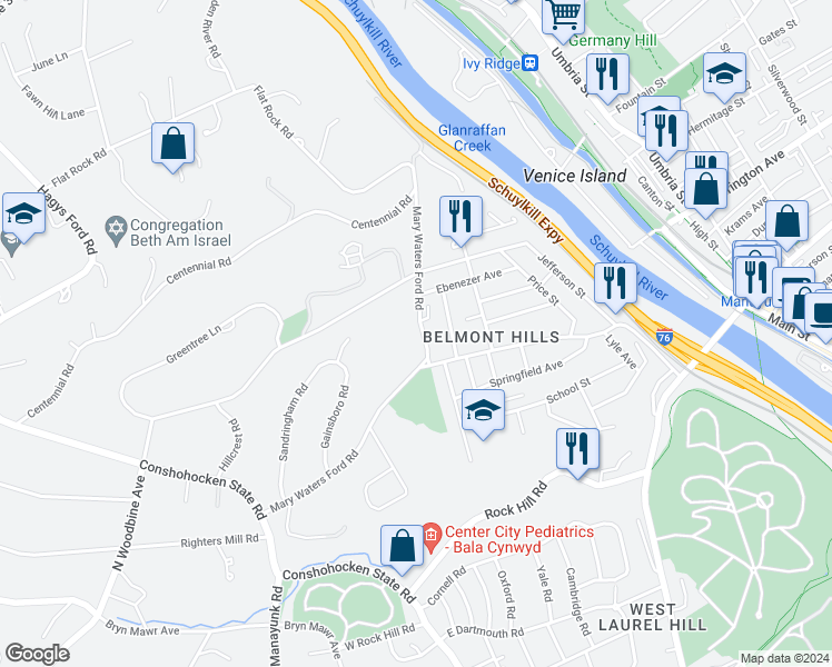 map of restaurants, bars, coffee shops, grocery stores, and more near 208 Mary Waters Ford Road in Bala Cynwyd