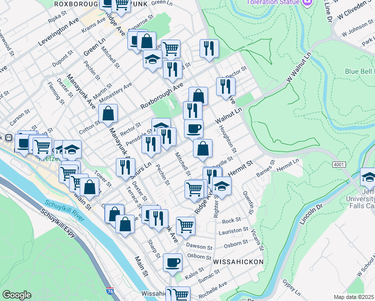 map of restaurants, bars, coffee shops, grocery stores, and more near 466 Kingsley Street in Philadelphia