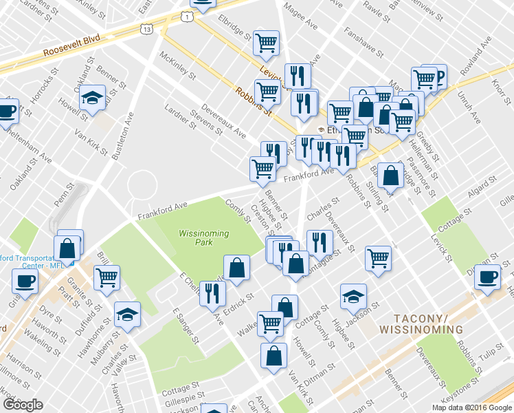 map of restaurants, bars, coffee shops, grocery stores, and more near 4013 Creston Street in Philadelphia