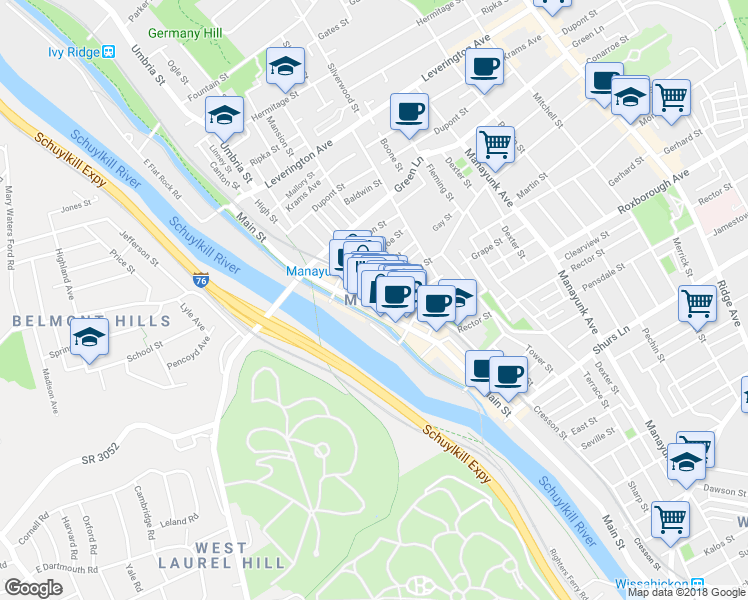 map of restaurants, bars, coffee shops, grocery stores, and more near 4367 Main Street in Philadelphia