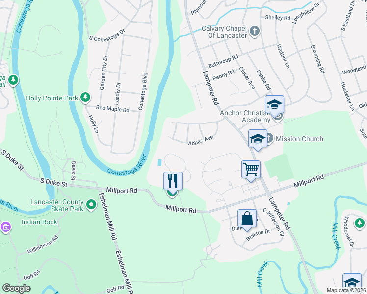 map of restaurants, bars, coffee shops, grocery stores, and more near 1480 Abbas Ave in Lancaster