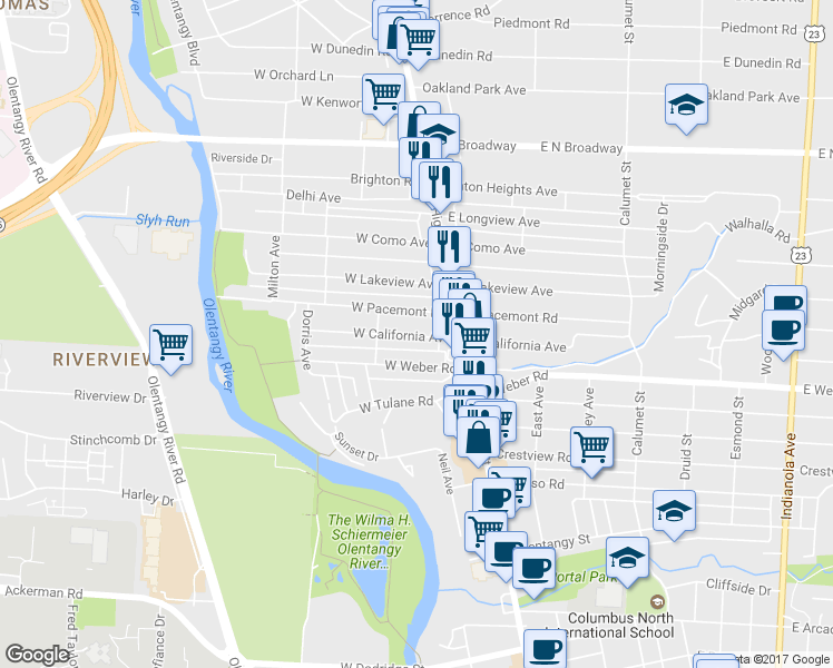map of restaurants, bars, coffee shops, grocery stores, and more near 58 West California Avenue in Columbus