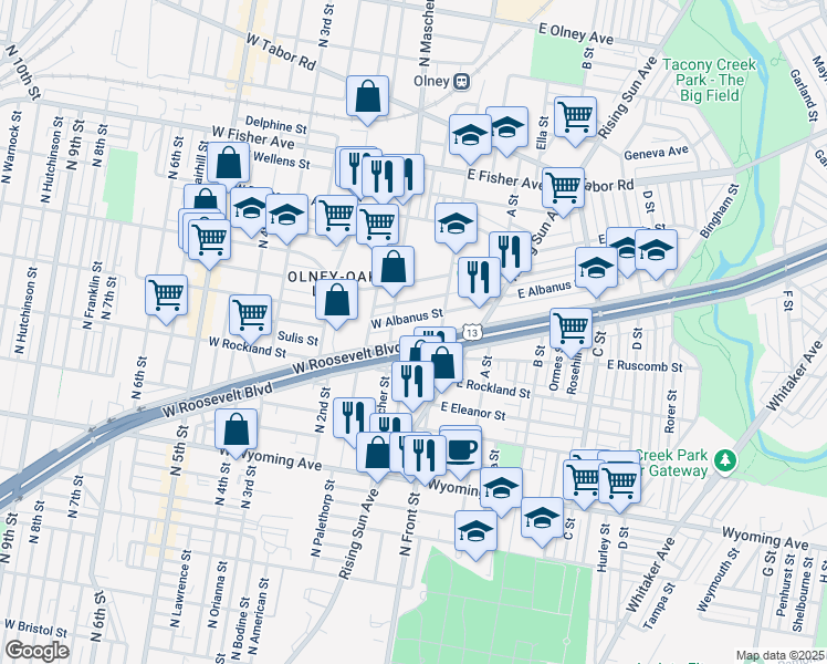 map of restaurants, bars, coffee shops, grocery stores, and more near 127 West Roosevelt Boulevard in Philadelphia