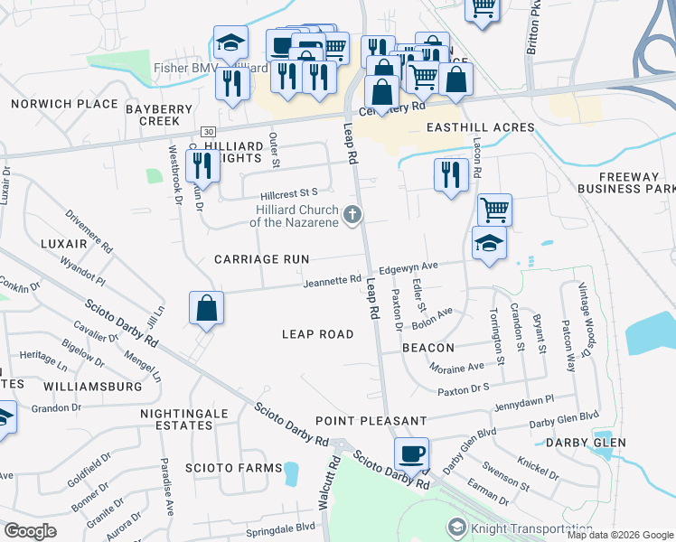 map of restaurants, bars, coffee shops, grocery stores, and more near 4688 Jeannette Road in Hilliard