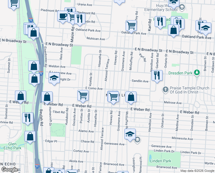 map of restaurants, bars, coffee shops, grocery stores, and more near 2964 Atwood Terrace in Columbus