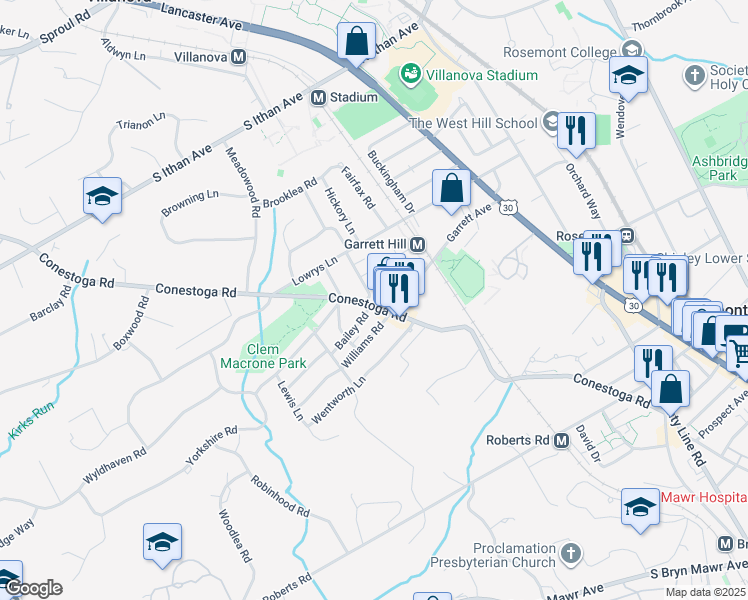 map of restaurants, bars, coffee shops, grocery stores, and more near 838 Conestoga Road in Bryn Mawr