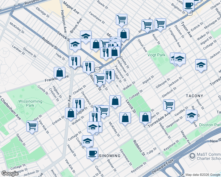 map of restaurants, bars, coffee shops, grocery stores, and more near 4210 Barnett Street in Philadelphia