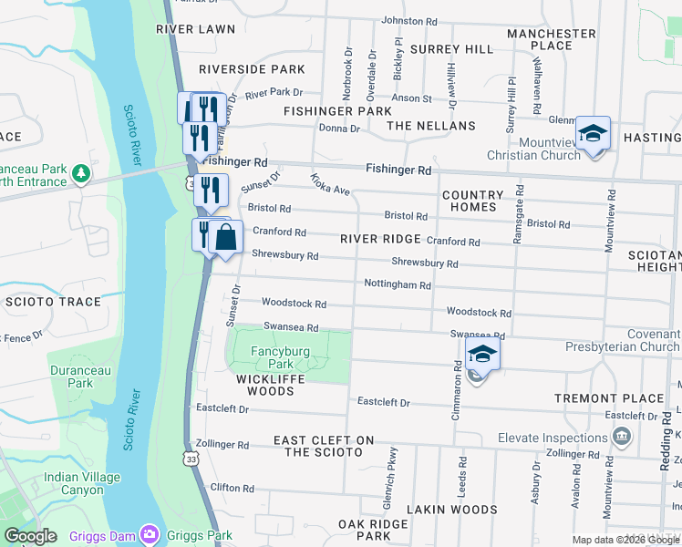 map of restaurants, bars, coffee shops, grocery stores, and more near 2628 Nottingham Road in Columbus