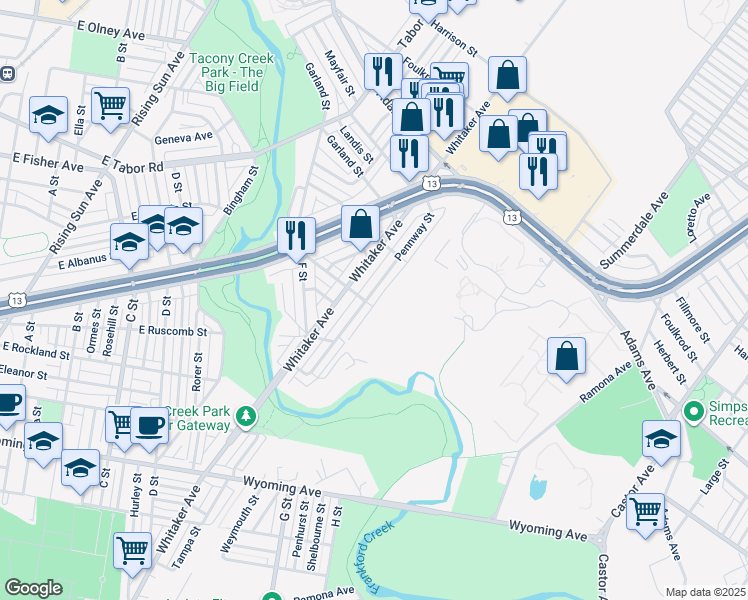 map of restaurants, bars, coffee shops, grocery stores, and more near 5109 Pennway Street in Philadelphia