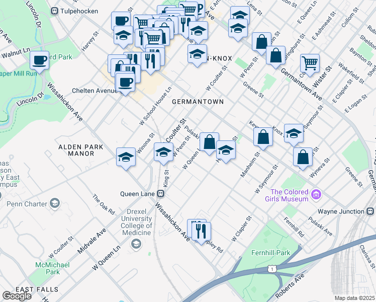 map of restaurants, bars, coffee shops, grocery stores, and more near 5320 Priscilla Street in Philadelphia