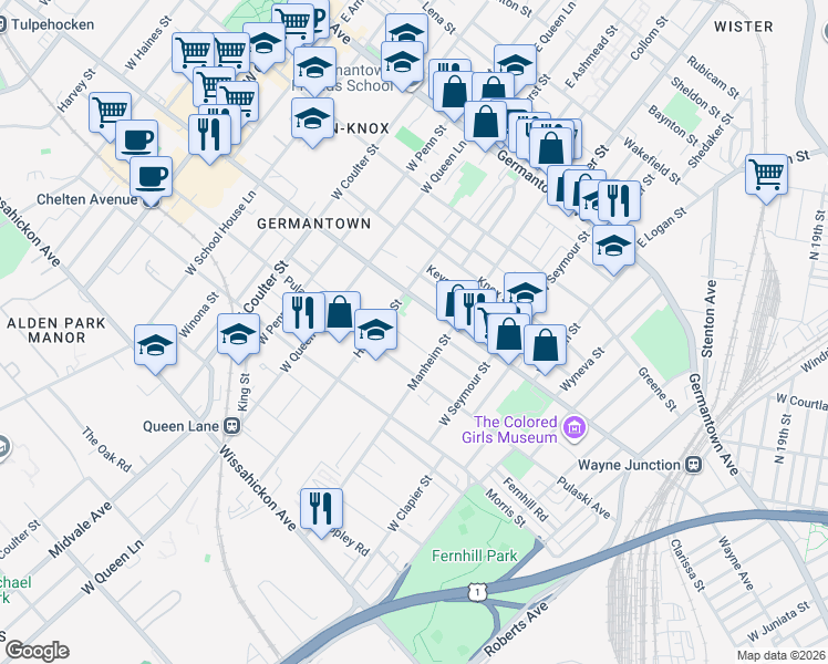 map of restaurants, bars, coffee shops, grocery stores, and more near 5127 Newhall Street in Philadelphia