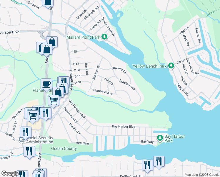 map of restaurants, bars, coffee shops, grocery stores, and more near 11 Reef Place in Brick Township