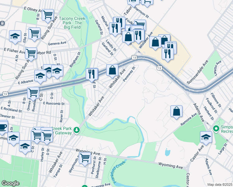 map of restaurants, bars, coffee shops, grocery stores, and more near 5109 Pennway Street in Philadelphia