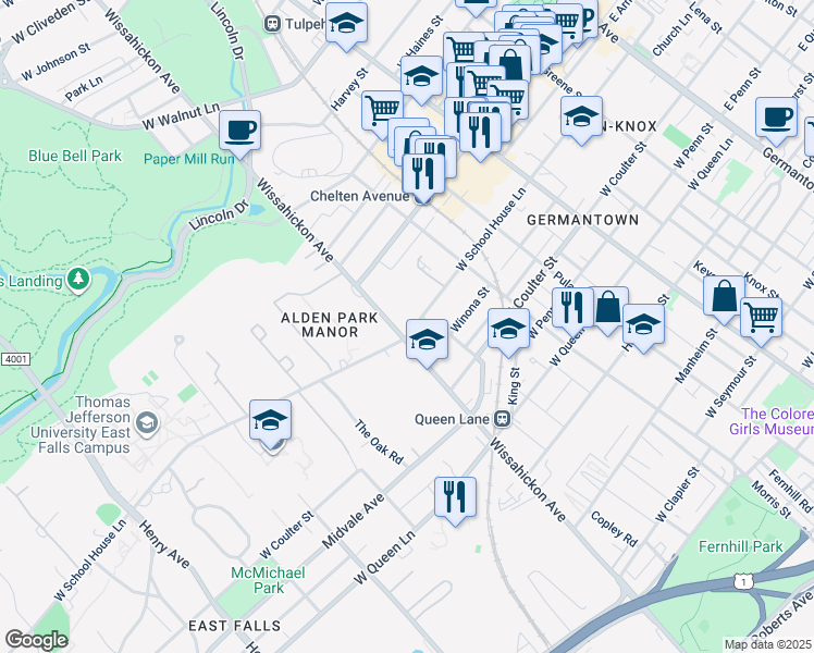 map of restaurants, bars, coffee shops, grocery stores, and more near 465 West School House Lane in Philadelphia