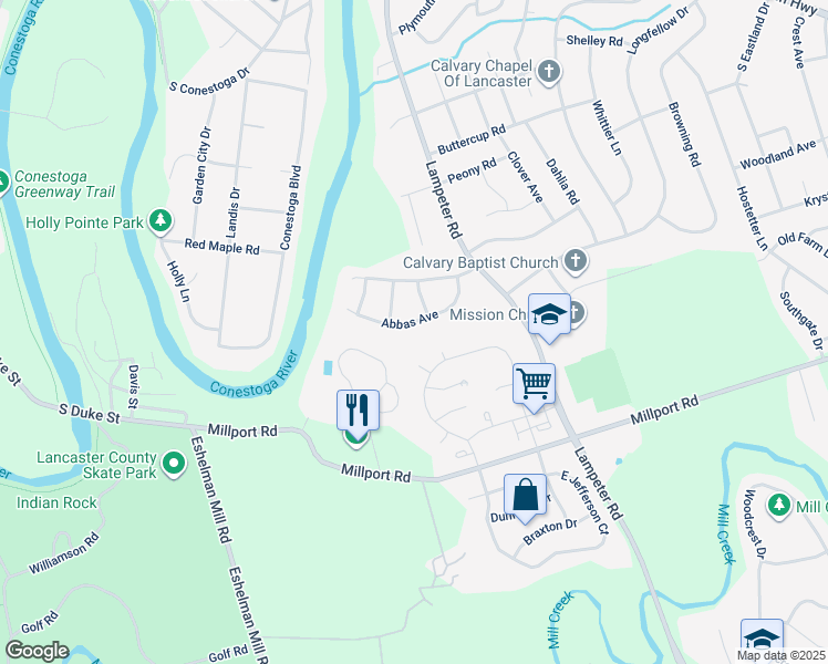 map of restaurants, bars, coffee shops, grocery stores, and more near 1522 Abbas Avenue in Lancaster