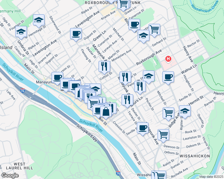 map of restaurants, bars, coffee shops, grocery stores, and more near 217 Rector Street in Philadelphia