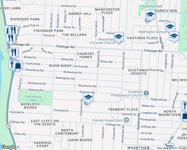 map of restaurants, bars, coffee shops, grocery stores, and more near 2345 Shrewsbury Road in Columbus