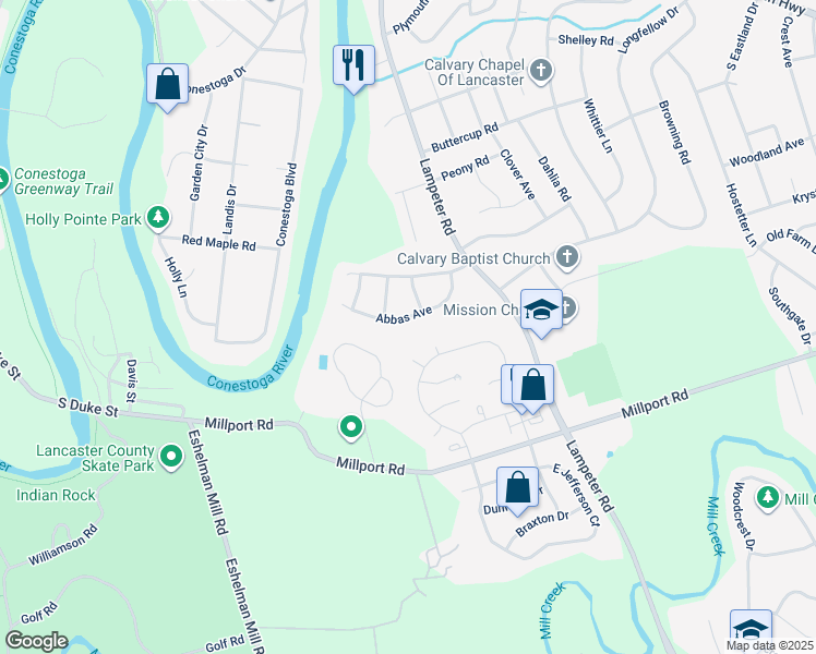 map of restaurants, bars, coffee shops, grocery stores, and more near 1522 Abbas Avenue in Lancaster