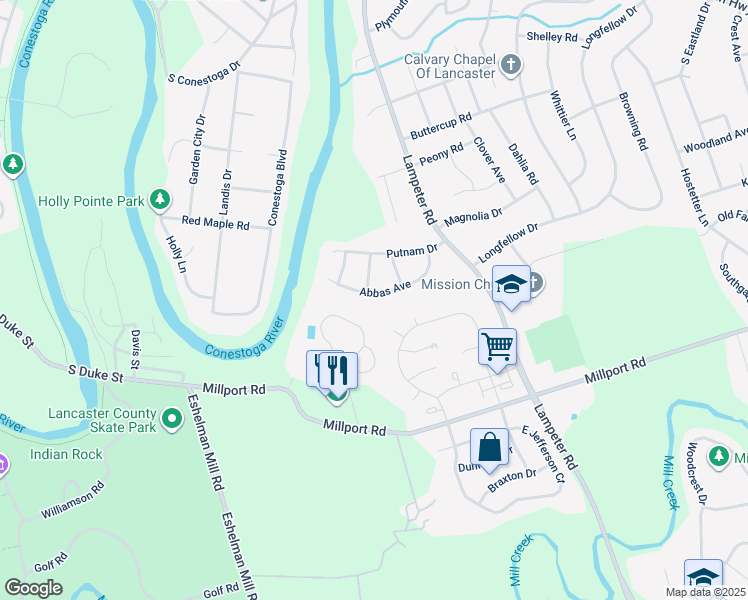 map of restaurants, bars, coffee shops, grocery stores, and more near 1506 Abbas Avenue in Lancaster