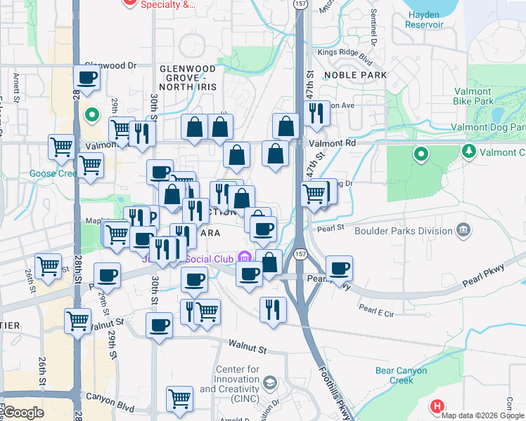 map of restaurants, bars, coffee shops, grocery stores, and more near 2820 Wilderness Place in Boulder