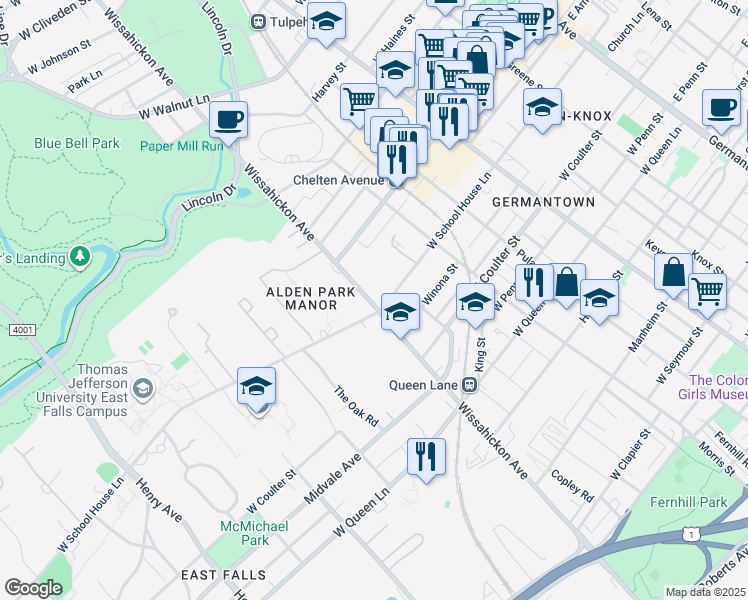 map of restaurants, bars, coffee shops, grocery stores, and more near 481 West School House Lane in Philadelphia