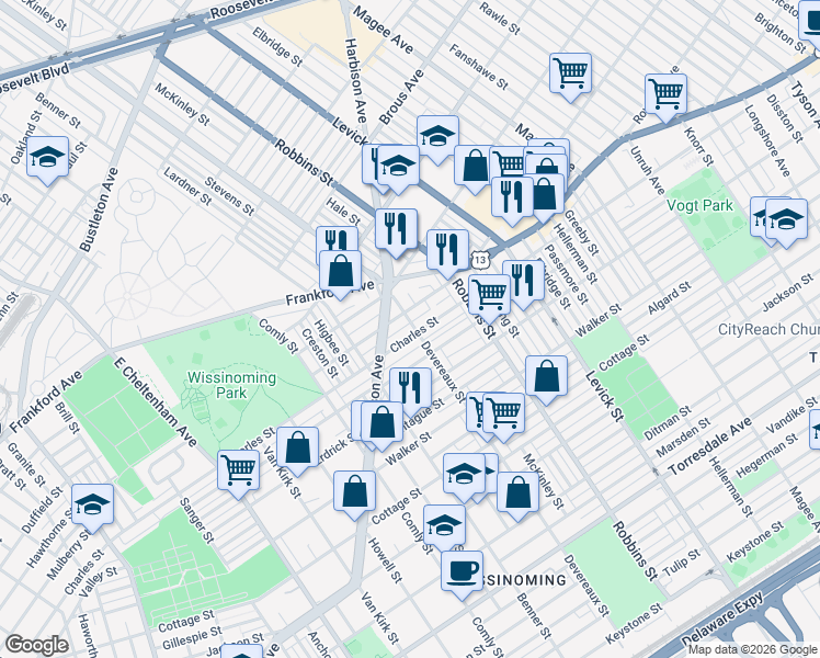 map of restaurants, bars, coffee shops, grocery stores, and more near 6160 Charles Street in Philadelphia
