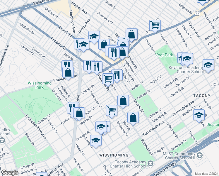 map of restaurants, bars, coffee shops, grocery stores, and more near 4147 Robbins Avenue in Philadelphia