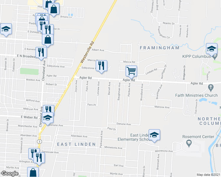 map of restaurants, bars, coffee shops, grocery stores, and more near 2820 Berrell Avenue in Columbus