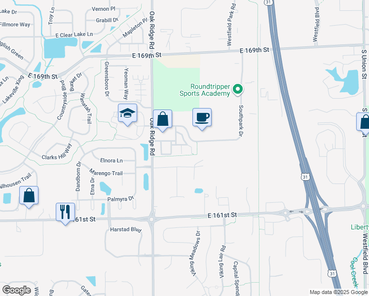 map of restaurants, bars, coffee shops, grocery stores, and more near 16323 Meadowlands Court in Westfield
