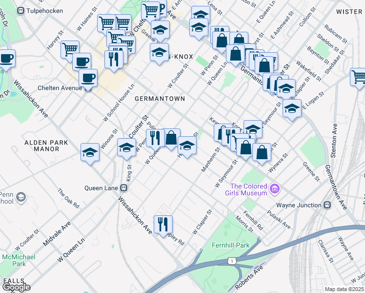map of restaurants, bars, coffee shops, grocery stores, and more near 251 Hansberry Street in Philadelphia
