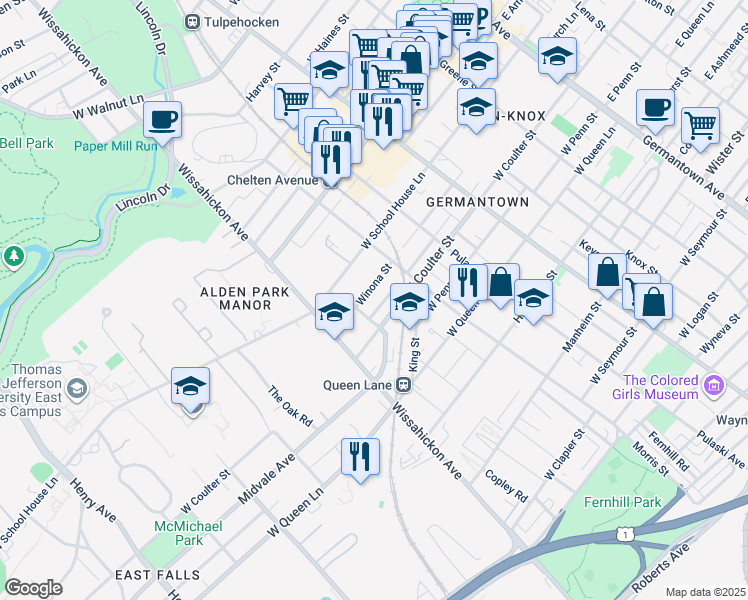map of restaurants, bars, coffee shops, grocery stores, and more near 474 Winona Street in Philadelphia