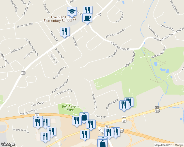 map of restaurants, bars, coffee shops, grocery stores, and more near 303 Old Kings Highway in Downingtown