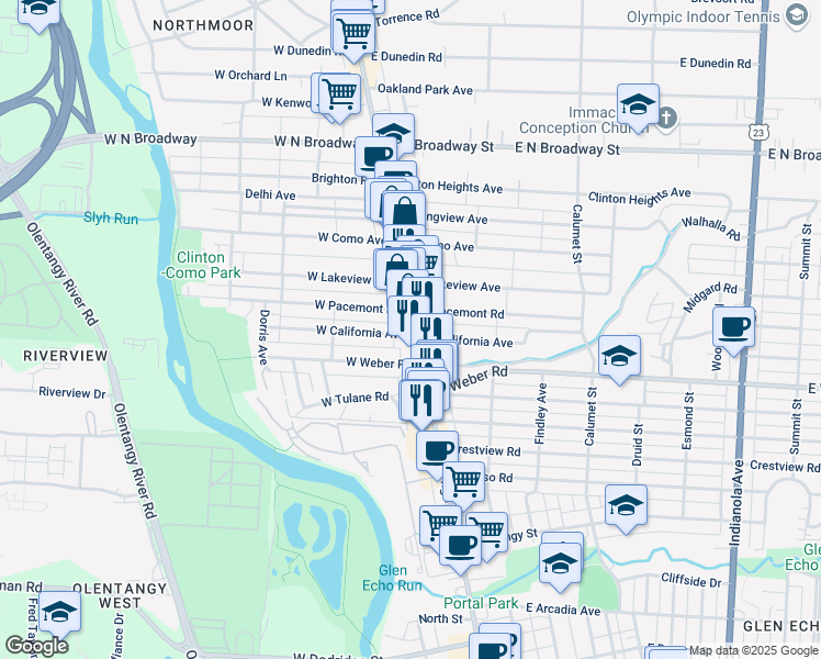 map of restaurants, bars, coffee shops, grocery stores, and more near 3131 North High Street in Columbus