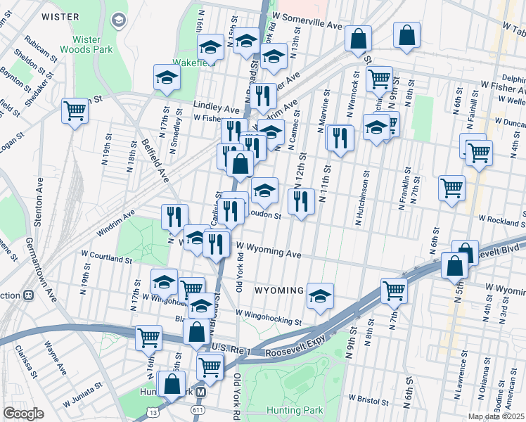 map of restaurants, bars, coffee shops, grocery stores, and more near 4800 North 13th Street in Philadelphia