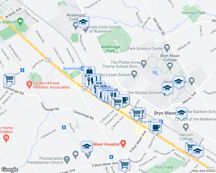 map of restaurants, bars, coffee shops, grocery stores, and more near 41 Franklin Avenue in Bryn Mawr