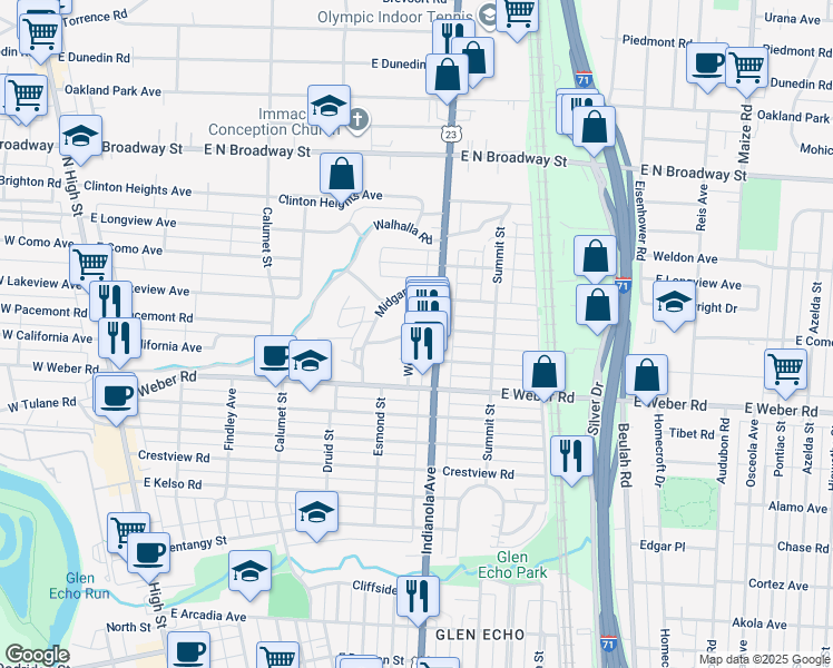 map of restaurants, bars, coffee shops, grocery stores, and more near 3062 Woodbine Pl in Columbus