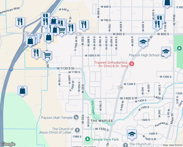 map of restaurants, bars, coffee shops, grocery stores, and more near 1151 South 880 West in Payson