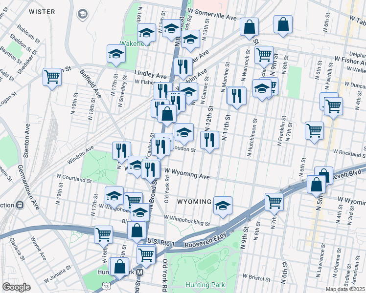 map of restaurants, bars, coffee shops, grocery stores, and more near 4800 North 13th Street in Philadelphia