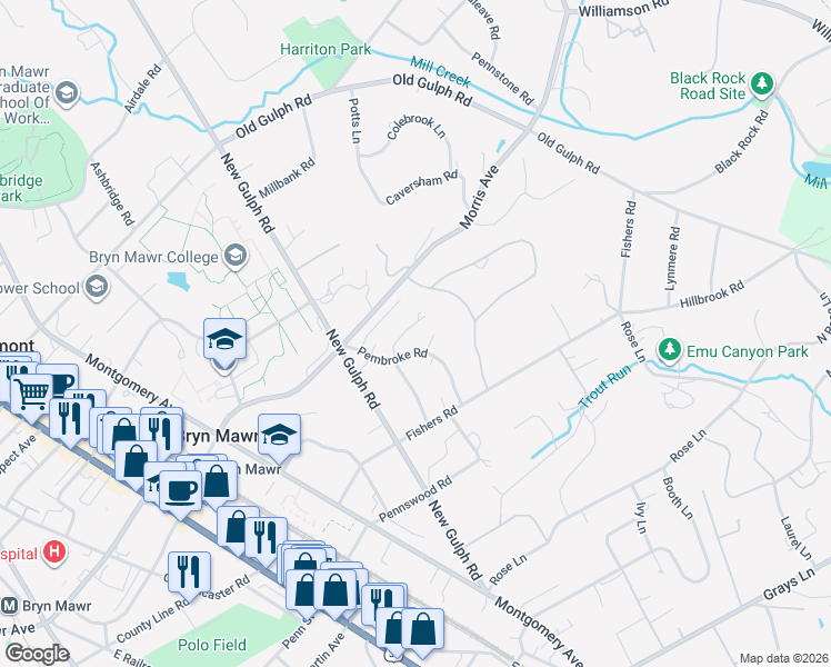 map of restaurants, bars, coffee shops, grocery stores, and more near 631 Winsford Road in Bryn Mawr