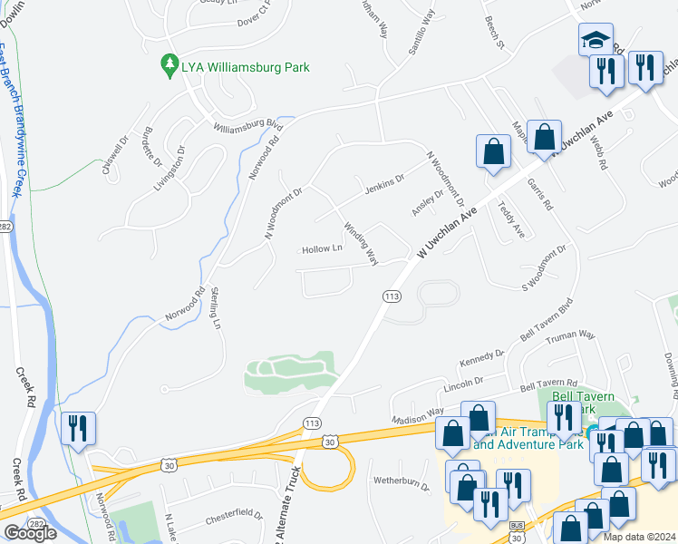 map of restaurants, bars, coffee shops, grocery stores, and more near 300 Campbell Circle in Downingtown