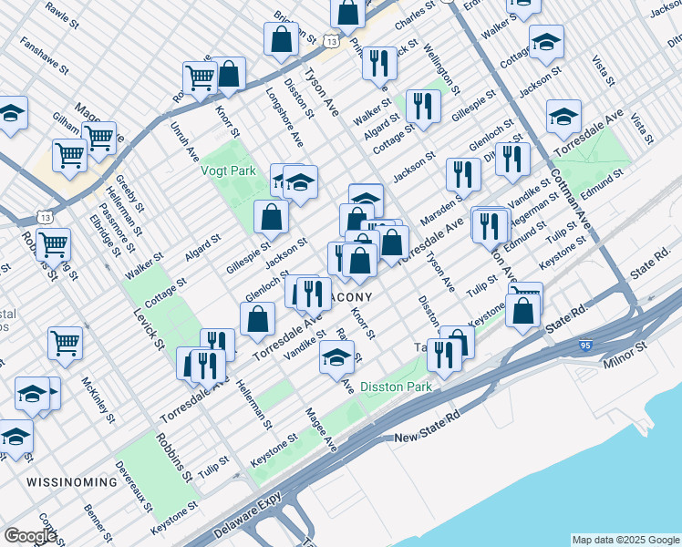 map of restaurants, bars, coffee shops, grocery stores, and more near 6806 Marsden Street in Philadelphia