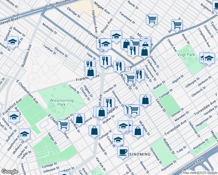 map of restaurants, bars, coffee shops, grocery stores, and more near 6160 Charles St in Philadelphia
